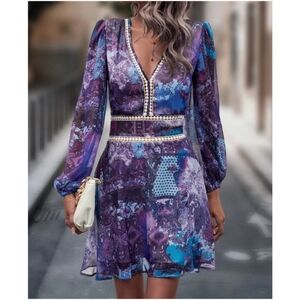 Boho Floral Paisley Print Lace Trim Dress